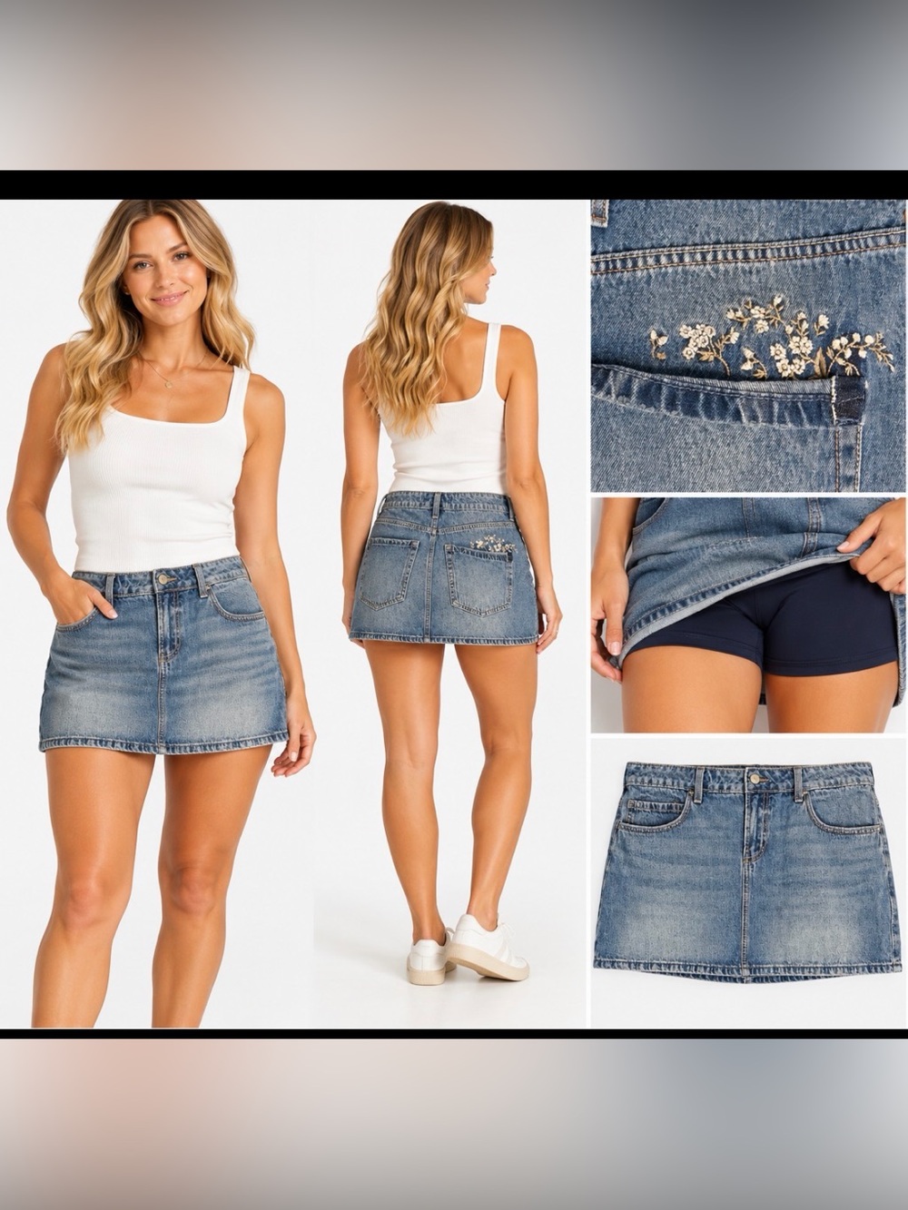 Hollister Size 14 W32 Denim Mini Skort Floral Embroidered Built In Shorts